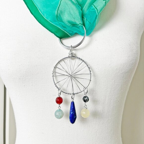 Green Sheer Scarf Kerchief w/ Convertible Dreamcatcher Gemstone Necklace Set - Picture 4 of 6